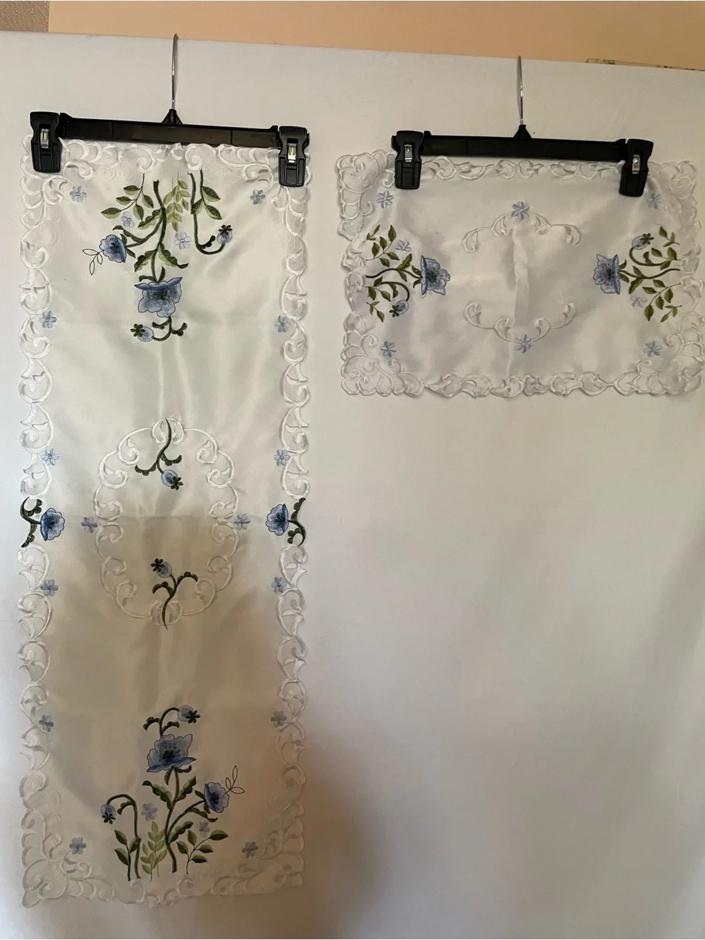 Embroidered Blue Floral Linen Runner & Doily Set